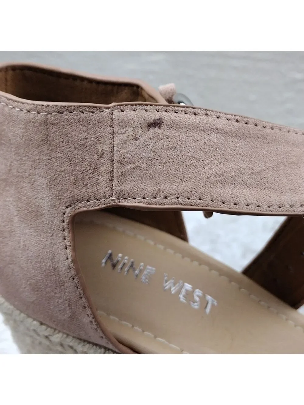 NINE West Adell Pink Faux Suede Open Toe Ankle Strap Platform Wedge Espadrilles